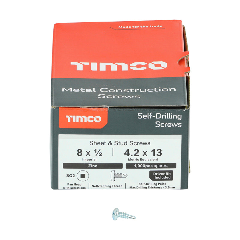 TIMco Self-Drilling Metal Framing Pan Head Square reecess  Silver Screws - 8 x 1/2 - 1000 Pieces