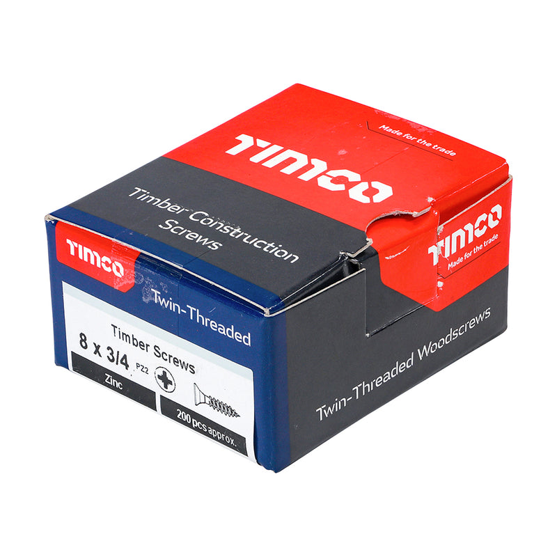 TIMco Twin-Threaded Countersunk Silver Woodscrews - 8 x 3/4 - 200 Pieces