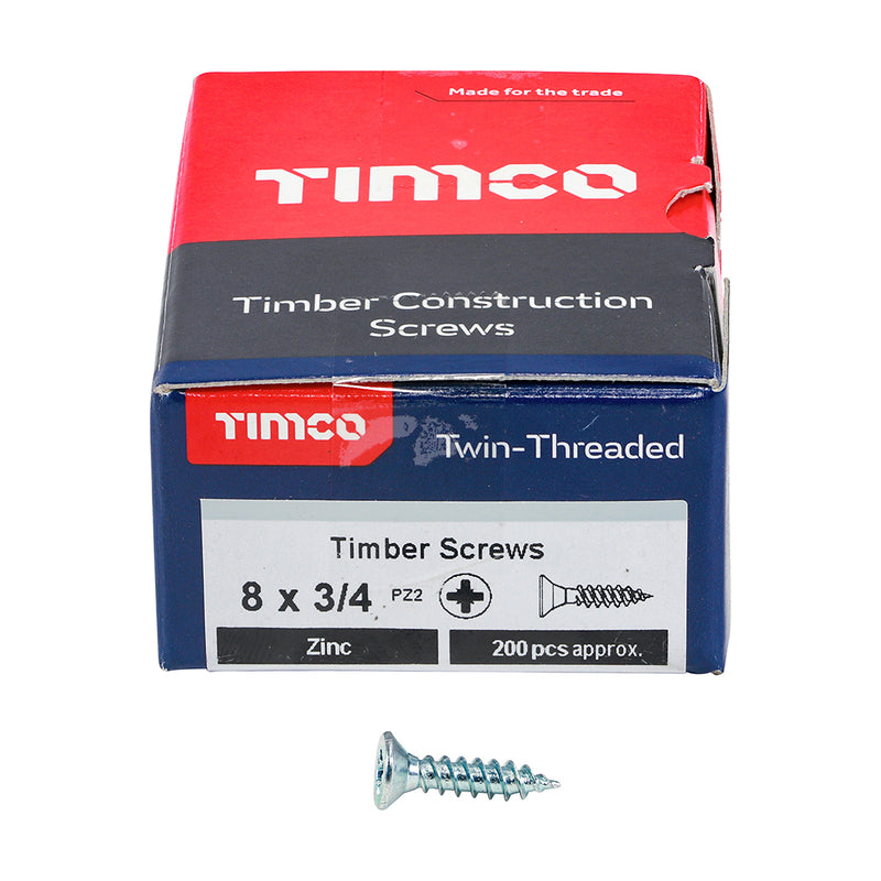 TIMco Twin-Threaded Countersunk Silver Woodscrews - 8 x 3/4 - 200 Pieces