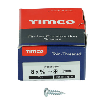 TIMco Twin-Threaded Round Head Silver Woodscrews - 8 x 5/8 - 200 Pieces