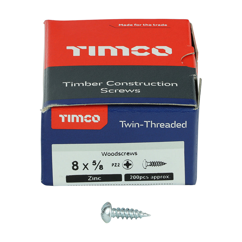 TIMco Twin-Threaded Round Head Silver Woodscrews - 8 x 5/8 - 200 Pieces