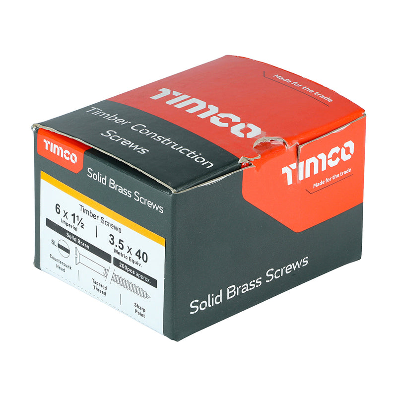 TIMco Solid Brass Countersunk Woodscrews - 6 x 1 1/2 - 200 Pieces