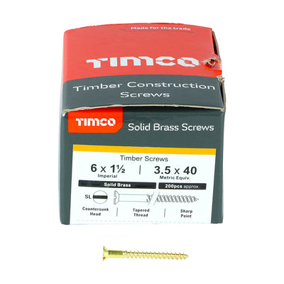 TIMco Solid Brass Countersunk Woodscrews - 6 x 1 1/2 - 200 Pieces