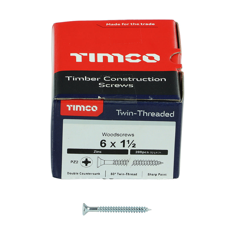 TIMco Twin-Threaded Countersunk Silver Woodscrews - 6 x 1 1/2 - 200 Pieces