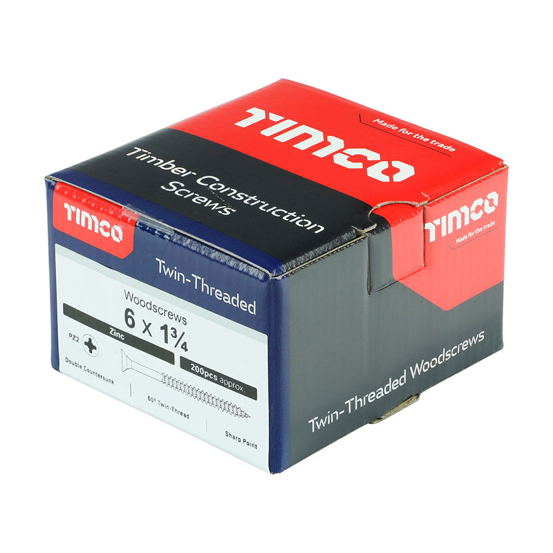TIMco Twin-Threaded Countersunk Silver Woodscrews - 6 x 1 3/4 - 200 Pieces