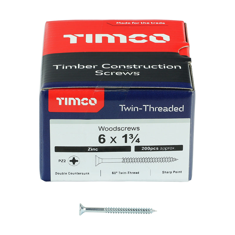 TIMco Twin-Threaded Countersunk Silver Woodscrews - 6 x 1 3/4 - 200 Pieces
