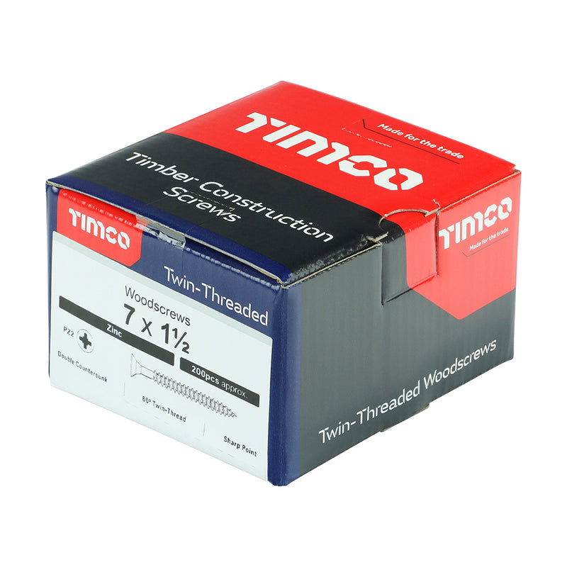 TIMco Twin-Threaded Countersunk Silver Woodscrews - 7 x 1 1/2 - 200 Pieces