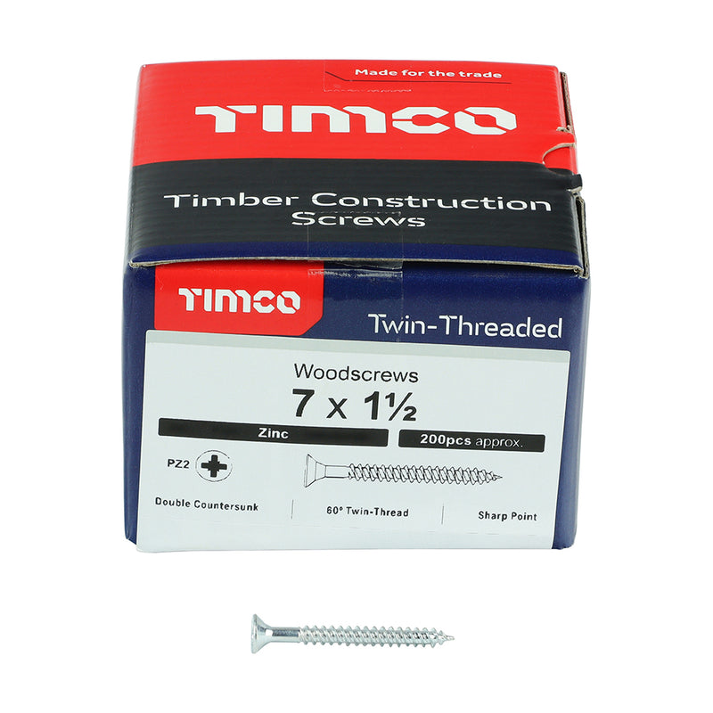 TIMco Twin-Threaded Countersunk Silver Woodscrews - 7 x 1 1/2 - 200 Pieces