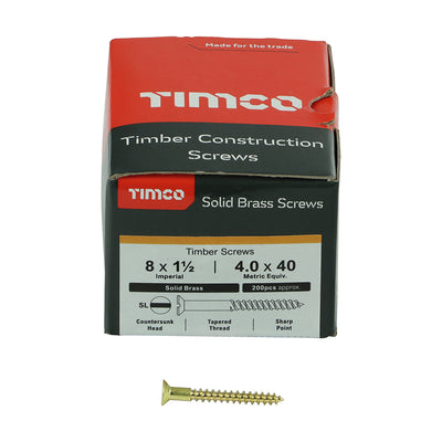 TIMco Solid Brass Countersunk Woodscrews - 8 x 1 1/2 - 200 Pieces