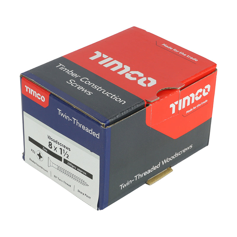 TIMco Twin-Threaded Countersunk Silver Woodscrews - 8 x 1 1/2 - 200 Pieces