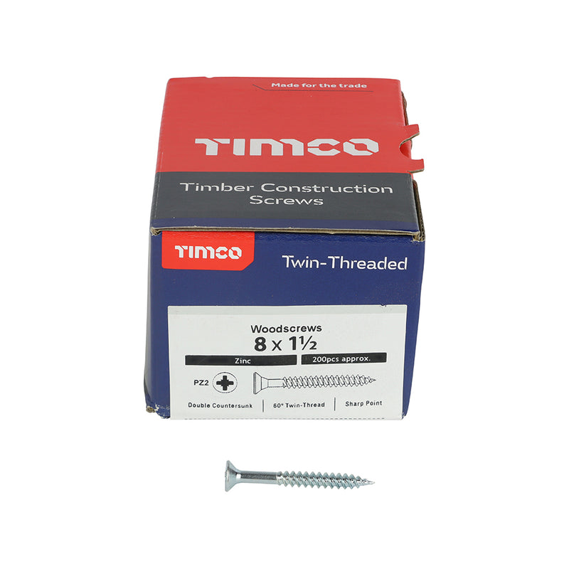TIMco Twin-Threaded Countersunk Silver Woodscrews - 8 x 1 1/2 - 200 Pieces