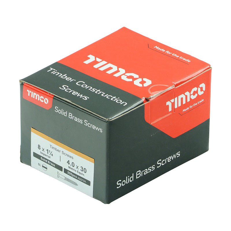 TIMco Solid Brass Countersunk Woodscrews - 8 x 1 1/4 - 200 Pieces