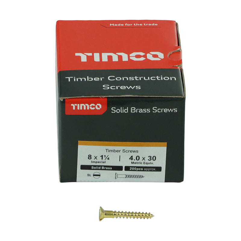 TIMco Solid Brass Countersunk Woodscrews - 8 x 1 1/4 - 200 Pieces