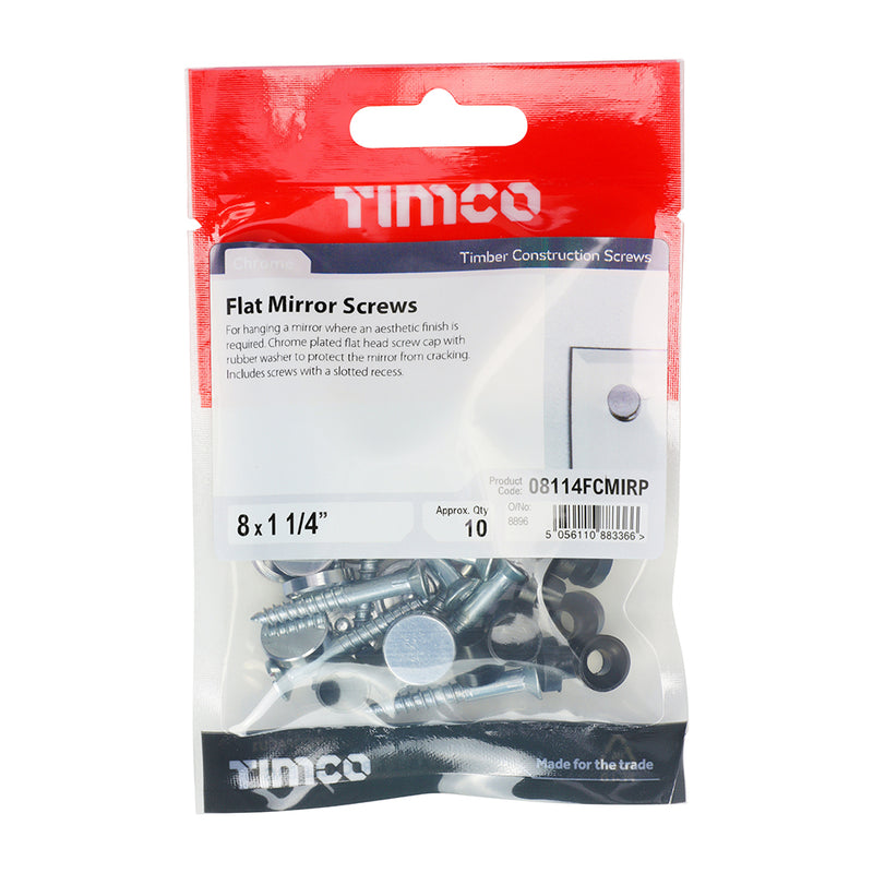 TIMco Mirror Screws Flat Head Chrome - 8 x 1 1/4 - 10 Pieces