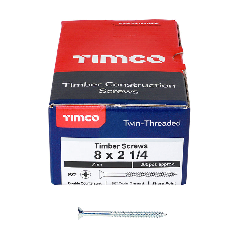 TIMco Twin-Threaded Countersunk Silver Woodscrews - 8 x 2 1/4 - 200 Pieces