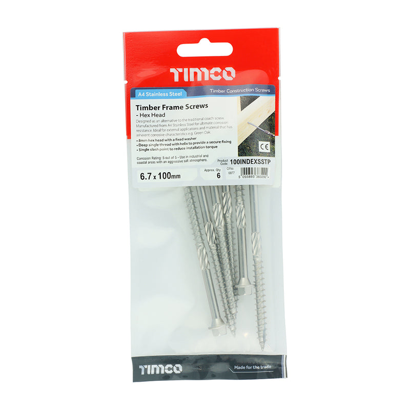 TIMco Timber Screws Hex Flange Head A4 Stainless Steel - 6.7 x 75 - 25 Pieces