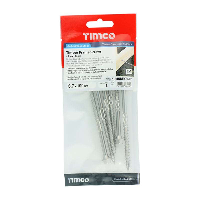 TIMco Timber Screws Hex Flange Head A4 Stainless Steel - 6.7 x 250 - 25 Pieces