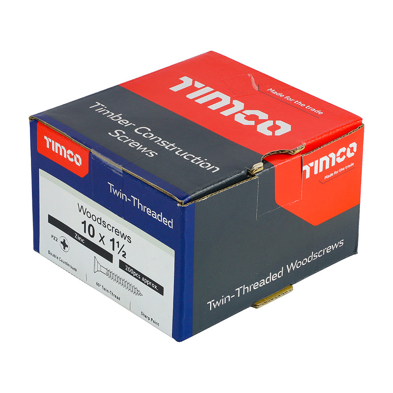 TIMco Twin-Threaded Countersunk Silver Woodscrews - 10 x 1 1/2 - 200 Pieces