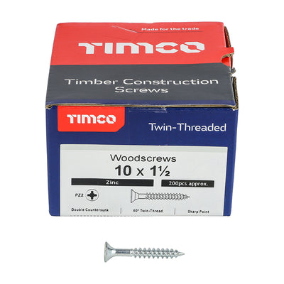 TIMco Twin-Threaded Countersunk Silver Woodscrews - 10 x 1 1/2 - 200 Pieces