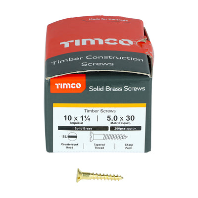 TIMco Solid Brass Countersunk Woodscrews - 10 x 1 1/4 - 200 Pieces