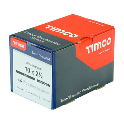 TIMco Twin-Threaded Round Head Silver Woodscrews - 10 x 21/2 - 200 Pieces