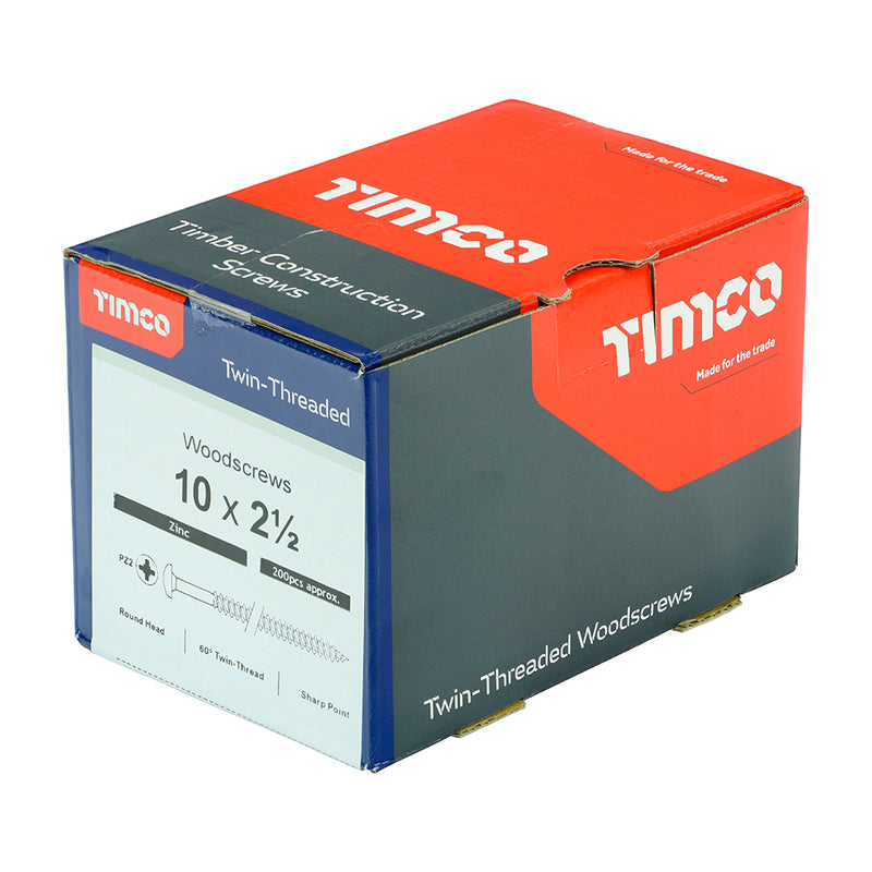 TIMco Twin-Threaded Round Head Silver Woodscrews - 10 x 21/2 - 200 Pieces