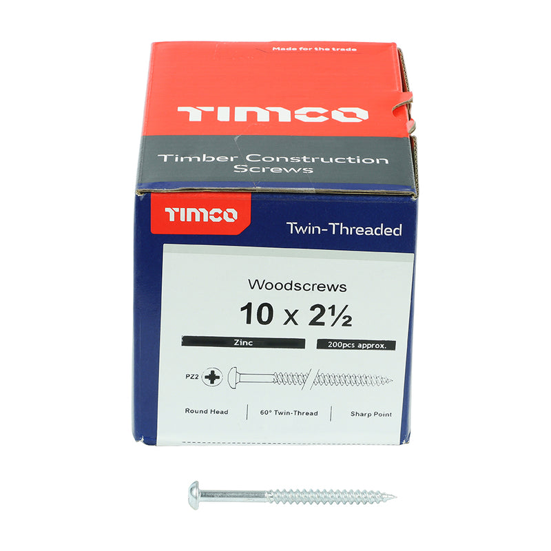 TIMco Twin-Threaded Round Head Silver Woodscrews - 10 x 21/2 - 200 Pieces