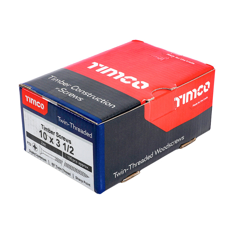 TIMco Twin-Threaded Countersunk Silver Woodscrews - 10 x 3 1/2 - 100 Pieces