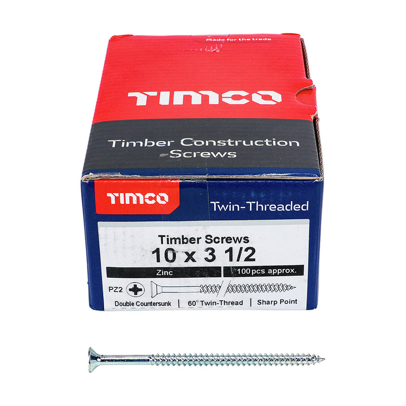 TIMco Twin-Threaded Countersunk Silver Woodscrews - 10 x 3 1/2 - 100 Pieces