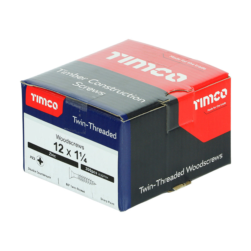 TIMco Twin-Threaded Countersunk Silver Woodscrews - 12 x 1 1/4 - 200 Pieces