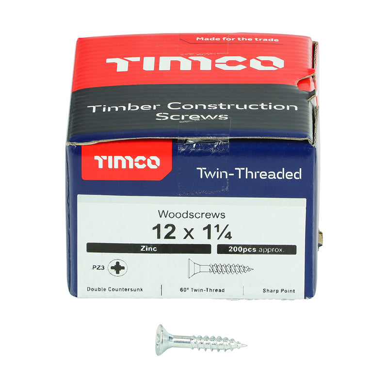 TIMco Twin-Threaded Countersunk Silver Woodscrews - 12 x 1 1/4 - 200 Pieces