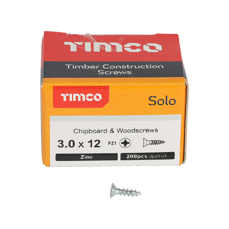 TIMco Solo Countersunk Silver Woodscrews - 3.0 x 12 - 200 Pieces