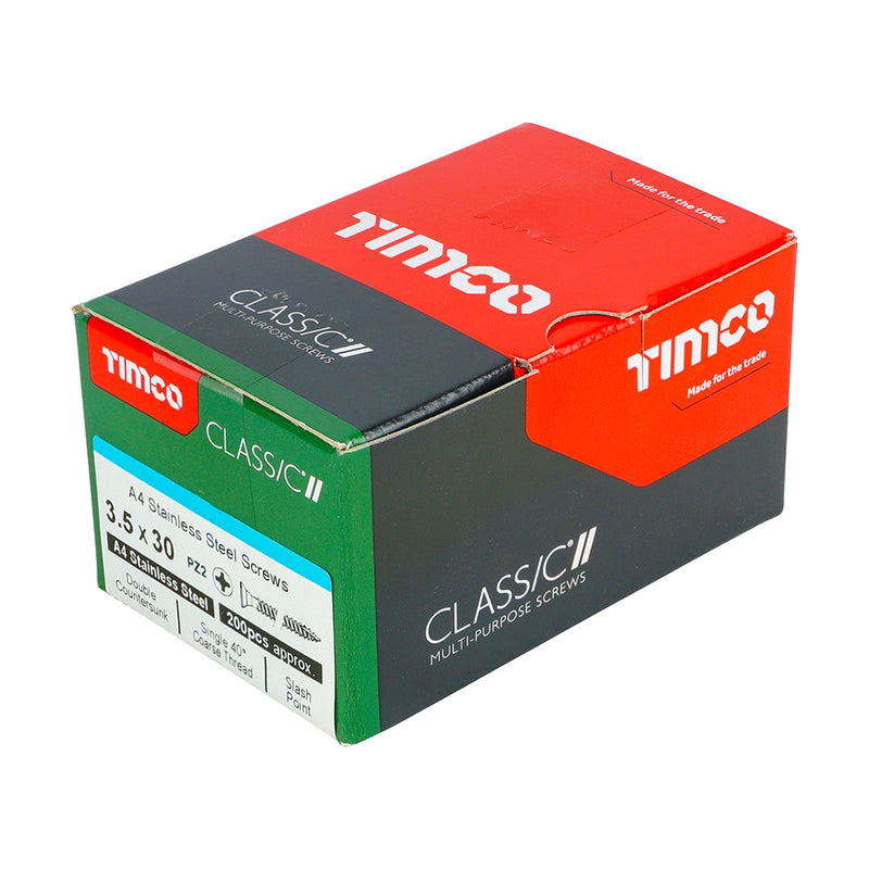 TIMco Classic Multi-Purpose Countersunk A4 Stainless Steel Woodcrews - 3.5 x 30 - 200 Pieces