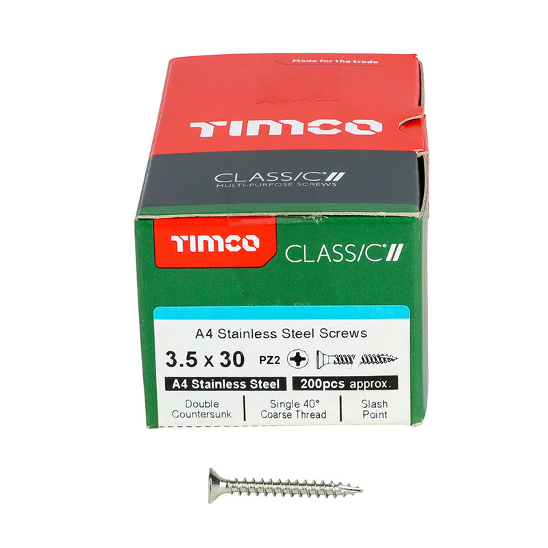 TIMco Classic Multi-Purpose Countersunk A4 Stainless Steel Woodcrews - 3.5 x 30 - 200 Pieces
