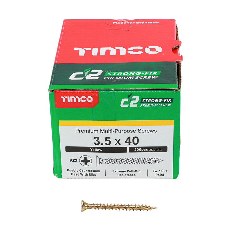 TIMco C2 Strong-Fix Multi-Purpose Premium Countersunk Gold Woodscrews - 3.5 x 40 - 200 Pieces