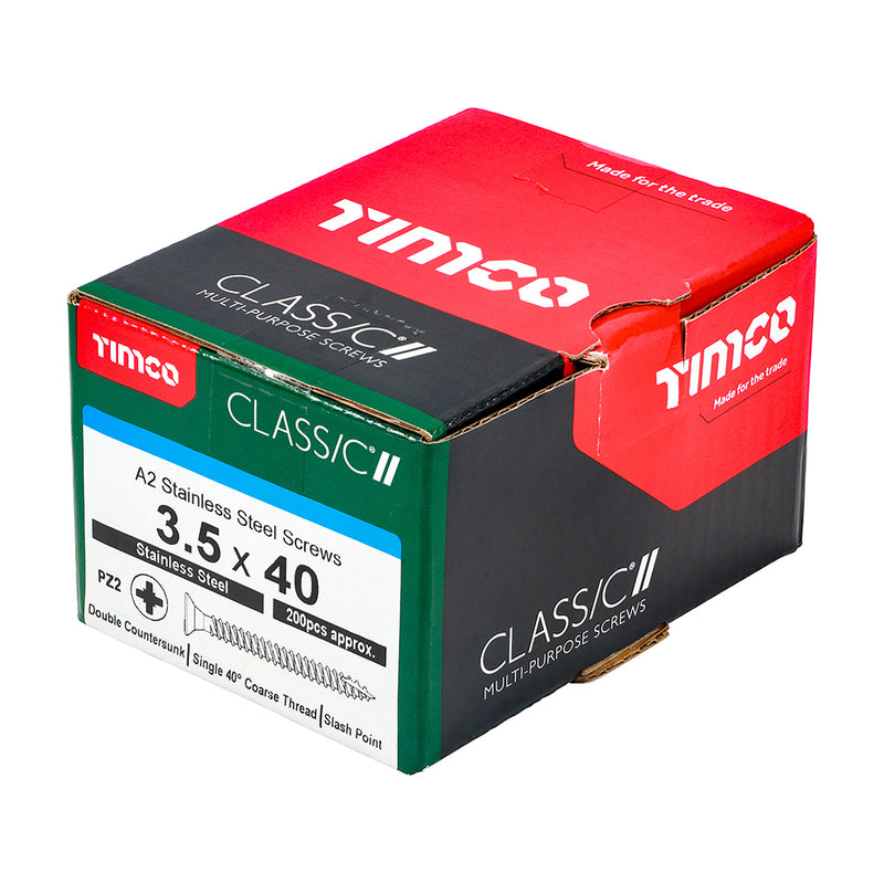 TIMco Classic Multi-Purpose Countersunk A2 Stainless Steel Woodcrews - 3.5 x 40 - 200 Pieces