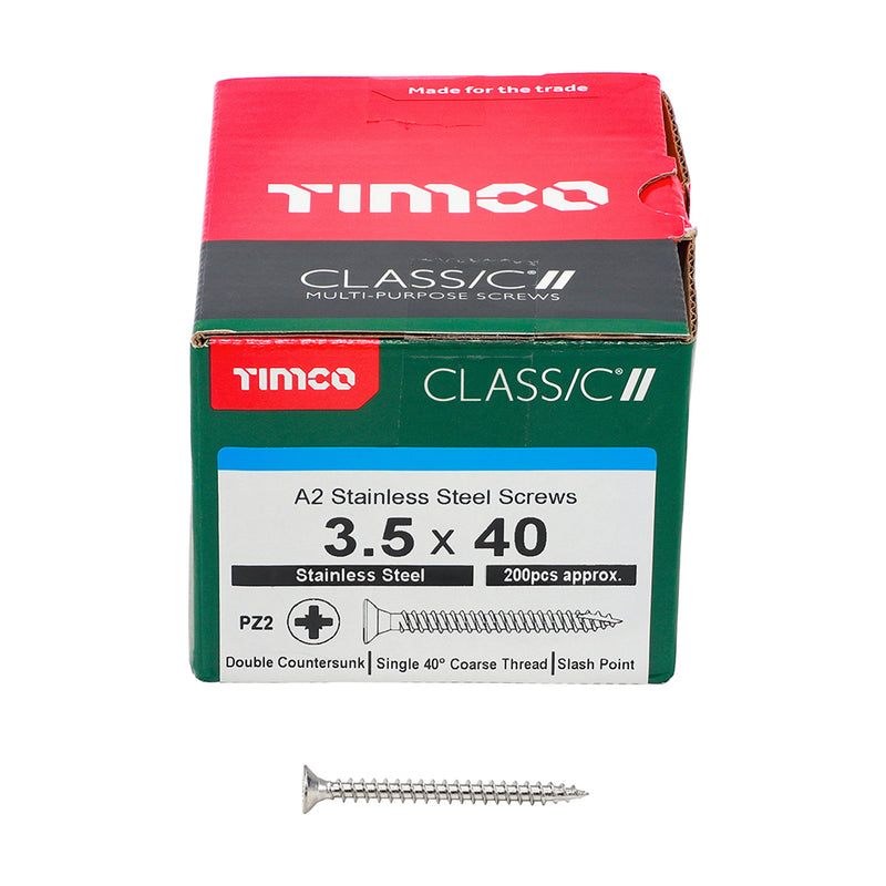TIMco Classic Multi-Purpose Countersunk A2 Stainless Steel Woodcrews - 3.5 x 40 - 200 Pieces