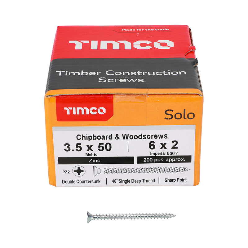 TIMco Solo Countersunk Silver Woodscrews - 3.5 x 50 - 200 Pieces