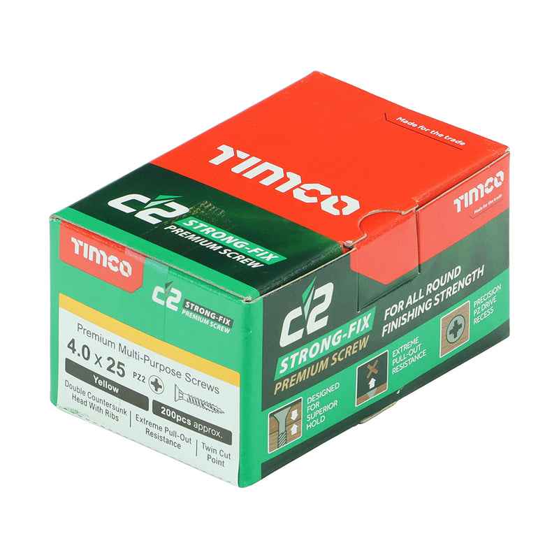 TIMco C2 Strong-Fix Multi-Purpose Premium Countersunk Gold Woodscrews - 4.0 x 25 - 200 Pieces