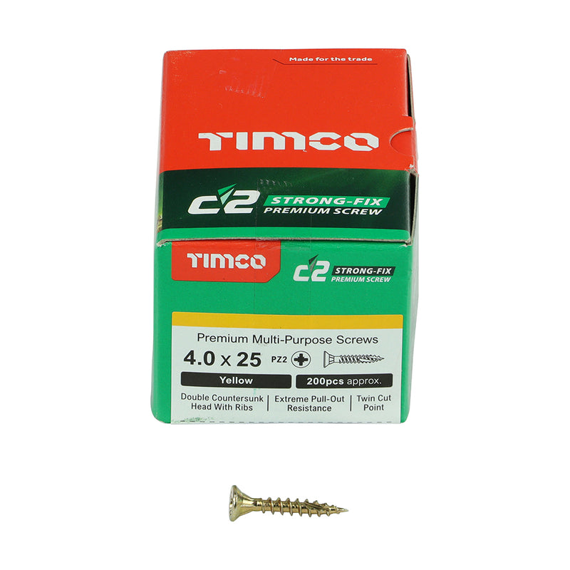 TIMco C2 Strong-Fix Multi-Purpose Premium Countersunk Gold Woodscrews - 4.0 x 25 - 200 Pieces