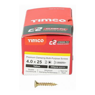 TIMco C2 Clamp-Fix Multi-Purpose Premium Countersunk Gold Woodscrews - 4.0 x 25 - 200 Pieces