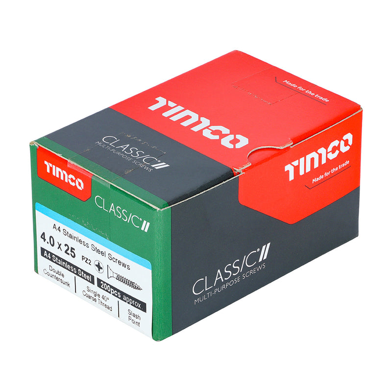 TIMco Classic Multi-Purpose Countersunk A4 Stainless Steel Woodcrews - 4.0 x 25 - 200 Pieces