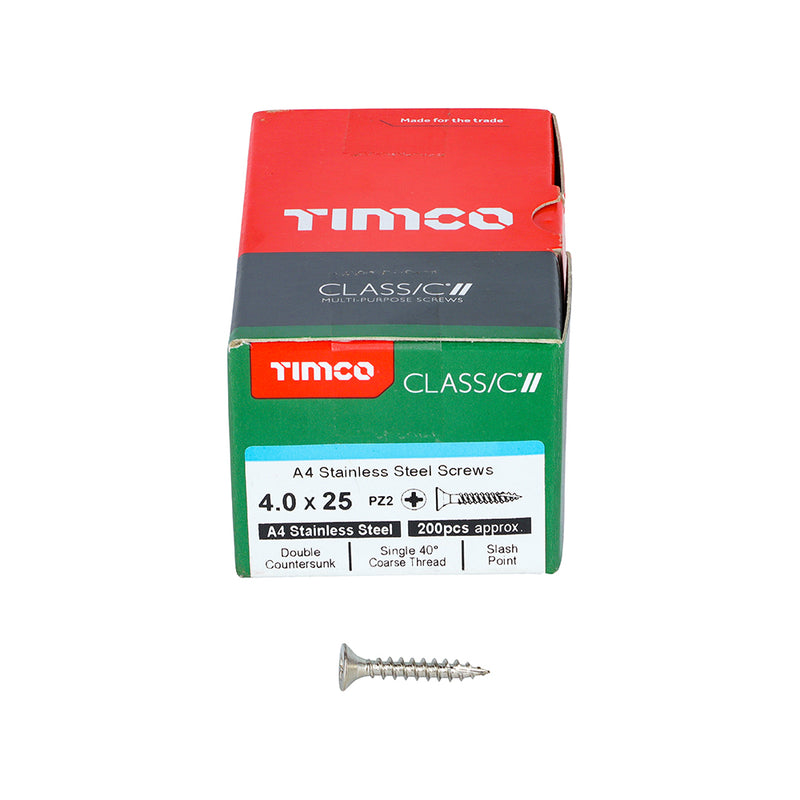 TIMco Classic Multi-Purpose Countersunk A4 Stainless Steel Woodcrews - 4.0 x 25 - 200 Pieces