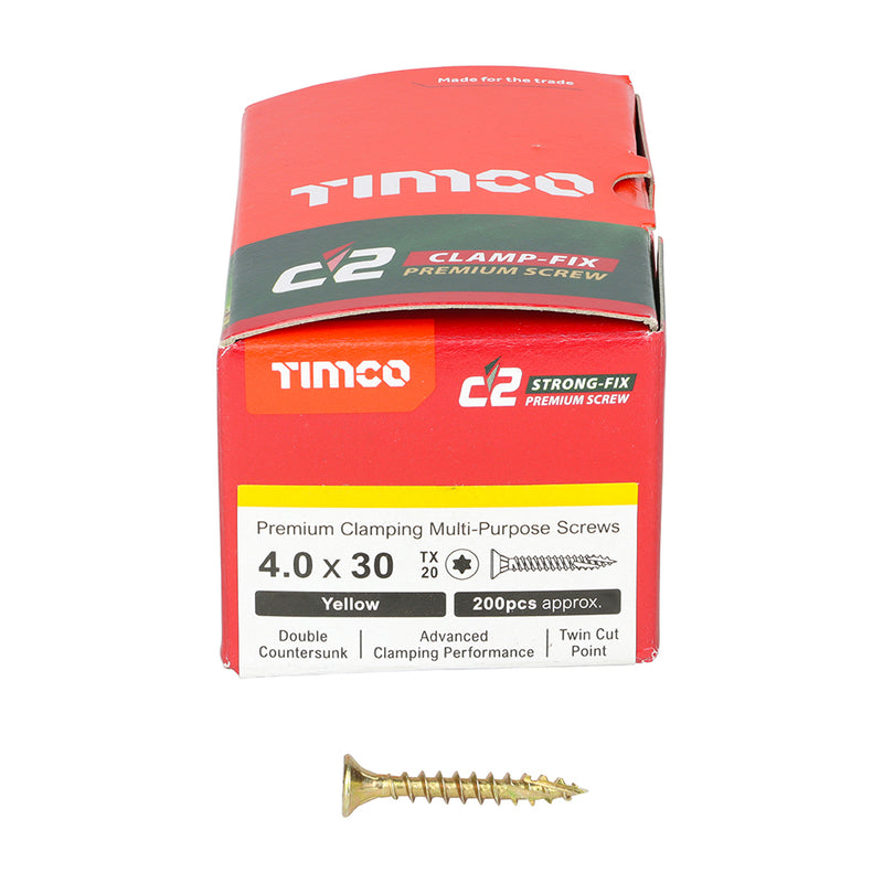 TIMco C2 Clamp-Fix Multi-Purpose Premium Countersunk Gold Woodscrews - 4.0 x 30 - 200 Pieces