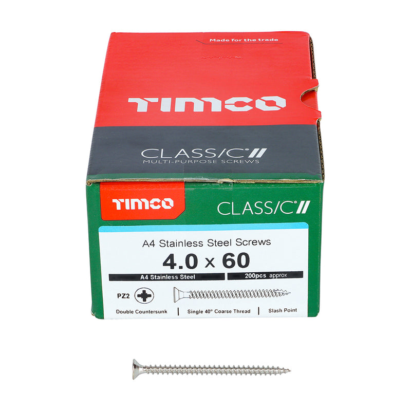 TIMco Classic Multi-Purpose Countersunk A4 Stainless Steel Woodcrews - 4.0 x 60 - 200 Pieces