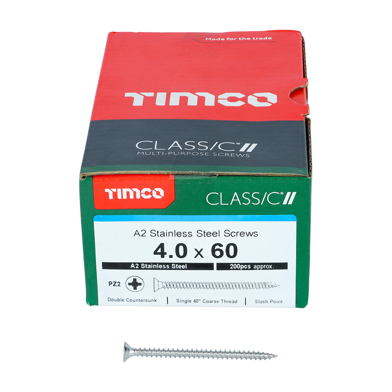 TIMco Classic Multi-Purpose Countersunk A2 Stainless Steel Woodcrews - 4.0 x 60 - 200 Pieces