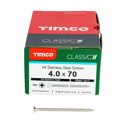 TIMco Classic Multi-Purpose Countersunk A4 Stainless Steel Woodcrews - 4.0 x 70 - 200 Pieces