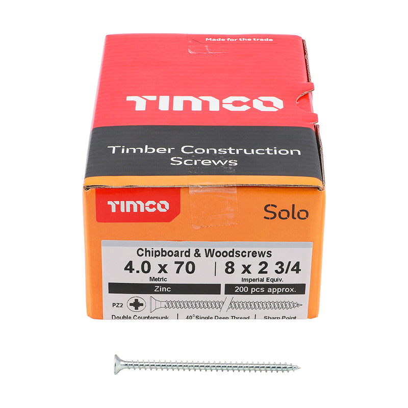 TIMco Solo Countersunk Silver Woodscrews - 4.0 x 70 - 200 Pieces
