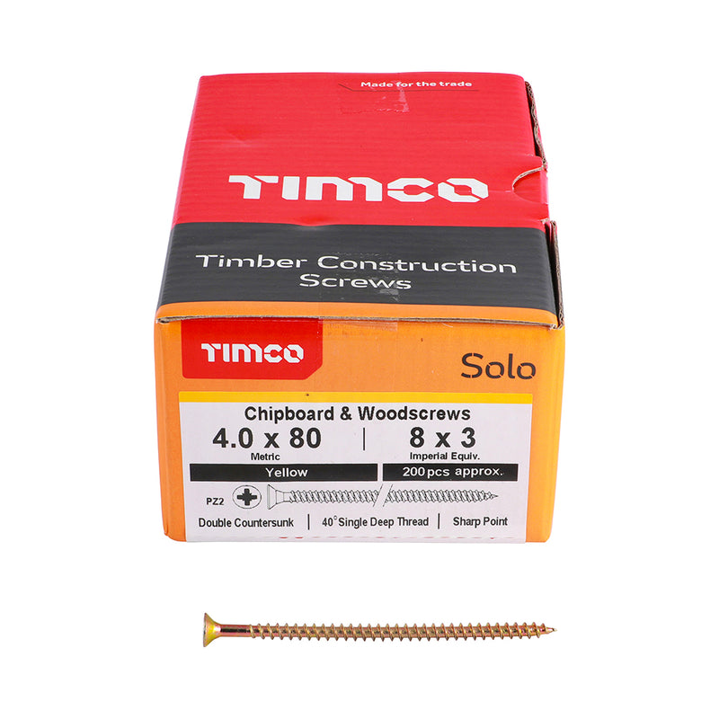 TIMco Solo Countersunk Gold Woodscrews - 4.0 x 80 - 200 Pieces