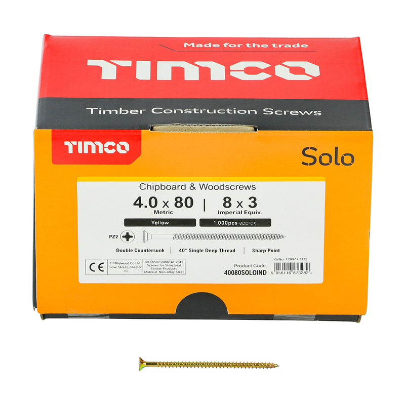 TIMco Solo Countersunk Gold Woodscrews - 4.0 x 80 - 1000 Pieces